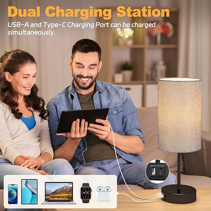AKASUKI Table Lamp for Bedroom, 3 Way Dimmable Touch Lamp with Dual Charging Station, Small Bedside Lamps for Night Stands, Living Room, Office(LED Bulb Included) - LeafyLoom