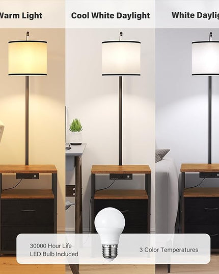SUNMORY Floor Lamp with Table & 2 Drawers, Lamp with USB Port and Outlet, Nightstand with 3 Color Temperature Led Bulb Included, Floor Lamps for Living Room, Bedroom and Home Office, Rustic Brown - LeafyLoom