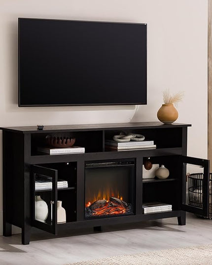 Walker Edison Glenwood Rustic Farmhouse Glass Door Highboy Fireplace TV Stand for TVs up to 65 Inches, 58 Inch, Black - LeafyLoom