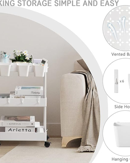 danpinera Slim Storage Cart, 3 Tier Slim Laundry Cart with Wheels Bathroom Cart Organizer with Hanging Cups Hooks Dividers Handle Mobile Rolling Art Cart for Bathroom Kitchen Narrow Places, White - LeafyLoom