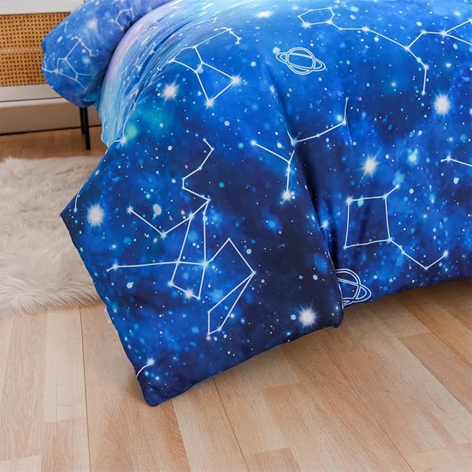 Holawakaka Tie Dye Constellation Print Ombre Comforter Set Twin Size Girls Boys Gradient Galaxy Bedding Set (Cyan,Twin) - LeafyLoom
