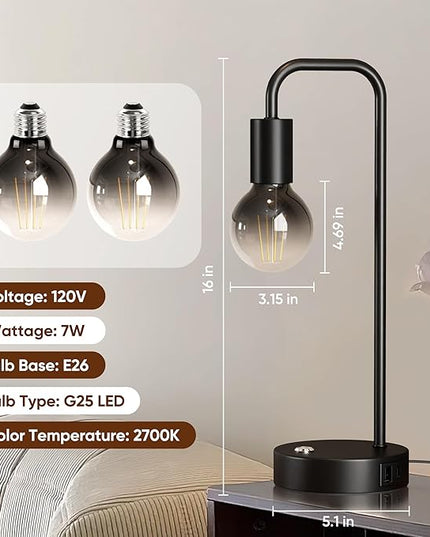 QiMH Industrial Table Lamps for Living Room, Farmhouse Table Lamp with USB A+C Ports, Minimalist Bedside Lamps set of 2, Touch Control Stepess Dimmable,8W G80 Globe Bulb, Black Lamps for Bedroom - LeafyLoom