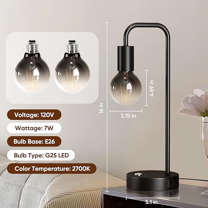 QiMH Industrial Table Lamps for Living Room, Farmhouse Table Lamp with USB A+C Ports, Minimalist Bedside Lamps set of 2, Touch Control Stepess Dimmable,8W G80 Globe Bulb, Black Lamps for Bedroom - LeafyLoom