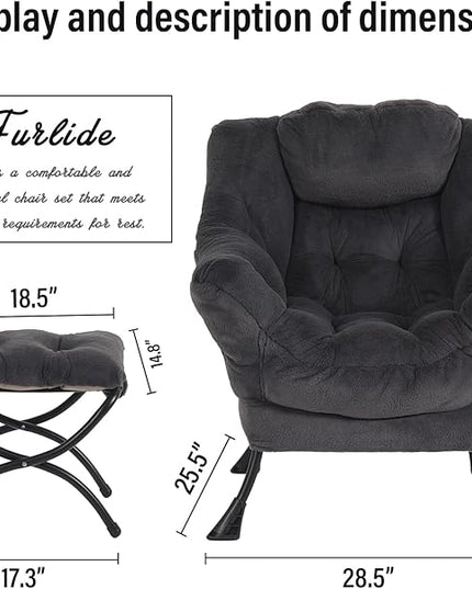 Oversized Chair with Ottoman, Modern Reading Chair, Lounge Accent Chair with Armrests and a Side Pocket for Small Space, Bedroom, Study, Living Room (Plush Dark Grey) - LeafyLoom