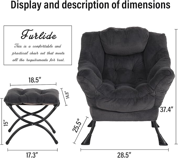 Oversized Chair with Ottoman, Modern Reading Chair, Lounge Accent Chair with Armrests and a Side Pocket for Small Space, Bedroom, Study, Living Room (Plush Dark Grey) - LeafyLoom