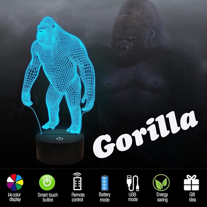 FULLOSUN 3D Night Light Ape Gorilla LED Nightlight Baby Nursery Monkey Lamp for Kids' Room Home Décor Xmas Birthday Gifts with 16 Color Changing - LeafyLoom