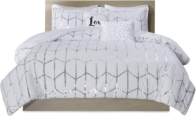 Intelligent Design Raina King / Cal King Comforter Set, Soft Microfiber Comforter Set King, Modern Geometric Metallic Bed Set, 5 Pieces College Bedding Comforter Set with 2 Shams, 2 Toss Pillows White - LeafyLoom
