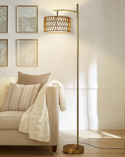 Rattan Floor Lamps for Living Room, Gold Arc Floor Lamp Dimmable with Rattan& Linen Double Shades, Boho Standing Lamp with Remote Control, Tall Lamp for Bedroom, Office - LeafyLoom