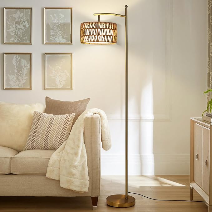 Rattan Floor Lamps for Living Room, Gold Arc Floor Lamp Dimmable with Rattan& Linen Double Shades, Boho Standing Lamp with Remote Control, Tall Lamp for Bedroom, Office - LeafyLoom