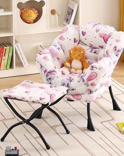 Welnow Toddler Kids Lazy Chair with Ottoman, Glow in The Dark Accent Comfy Lounge Children Armchair Couch with Removable Cover, Detachable Reading Chair with Footrest for Boy or Girl, Pink Elephant - LeafyLoom