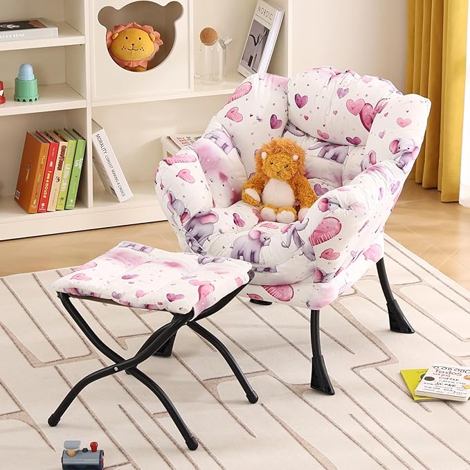 Welnow Toddler Kids Lazy Chair with Ottoman, Glow in The Dark Accent Comfy Lounge Children Armchair Couch with Removable Cover, Detachable Reading Chair with Footrest for Boy or Girl, Pink Elephant - LeafyLoom