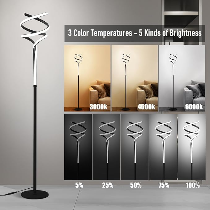 Floor Lamp,LED Modern Floor Lamps for Living Room,2500LM/40W-3-Color/Endless Dimmable Remote Control Standing Lamp,63" Black Floor Lamp for Living Room Bedroom Office. - LeafyLoom