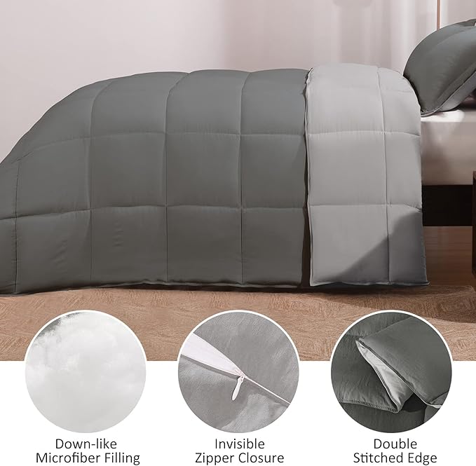 Basic Beyond Twin Comforter Set for Girls and Boys - Fluffy Twin Bed Comforter Set for All Seasons - Reversible Dark Grey Comforter Set - 2 Pieces (1 Comforter + 1 Pillow Sham) - Dark Gray/Grey - LeafyLoom