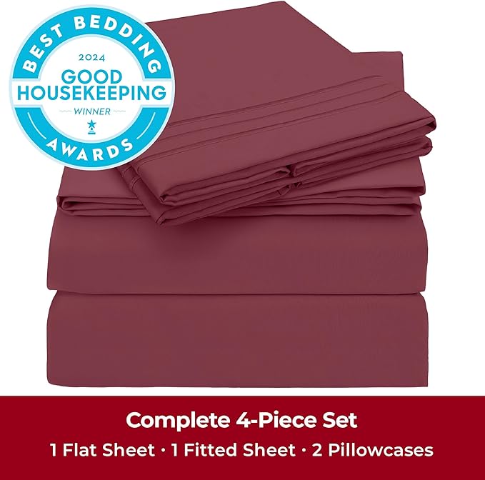 Mellanni Queen Sheets Set - 4 PC Iconic Collection Bedding Sheets & Pillowcases - Hotel Luxury, Extra Soft, Cooling Bed Sheets - Deep Pocket up to 16 inch (Queen, Burgundy) - LeafyLoom