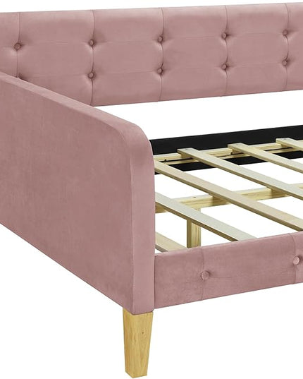 Twin Size Velvet Upholstered Dayed with 4 Support Legs,Multifunction Solid Wood Bed Frame,W/Backrest and Armrests,No Box Spring Needed,for Living Room Dormitory Apartment,Pink - LeafyLoom