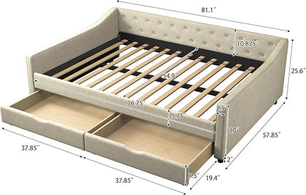 Full Size Daybed with 2 Drawers, Upholstered Tufted Sofa Bed with Button on Back and Piping on Waved Shape Arms for Bedroom, Apartment, Living Room, Wooden Slats Support, Beige - LeafyLoom