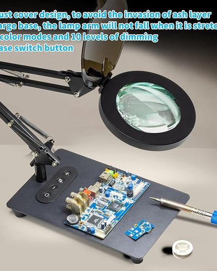 HITTI 10X Magnifying Glass with Light and Stand, Upgrade Base Button, 3 Color Modes Stepless Dimmable Magnifying Lamp, Adjustable Swing Arm LED Lighted Magnifier for Crafts Soldering Hobby - LeafyLoom