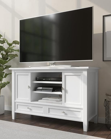 SIMPLIHOME Warm Shaker SOLID WOOD Universal TV Media Stand, 47 inch Wide, Transitional, Living Room Entertainment Center, Storage Cabinet, for Flat Screen TVs up to 55 inches in White - LeafyLoom