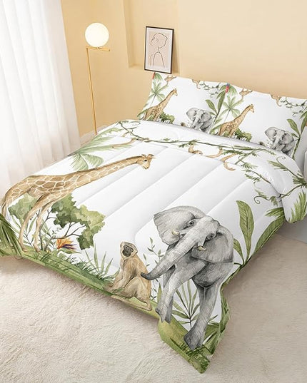 Elephant Giraffe Monkeys Comforter King Size,Wild Animals Kids Comforter Set,3Pcs Bedding Set Printed Comforter with 2 Pillowcases,Down Alternative,Soft and Lightweight,for All Seasons - LeafyLoom