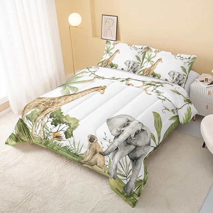 Elephant Giraffe Monkeys Comforter King Size,Wild Animals Kids Comforter Set,3Pcs Bedding Set Printed Comforter with 2 Pillowcases,Down Alternative,Soft and Lightweight,for All Seasons - LeafyLoom
