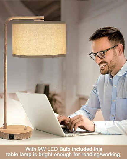 Farmhouse Table Lamp, Fully Dimmable Bedisde Lamp with Dual USB Charging Ports, Modern Nightstand Lamp, Tall Table Lamp Desk Reading Lamp for Living Room, Bedroom, Office, 9W LED Bulb Included - LeafyLoom