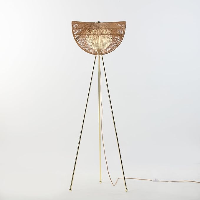Sovev 62.87 in. Brass Bohemian Floor Lamp for Living Room with Opal Glass Rattan Shade - LeafyLoom