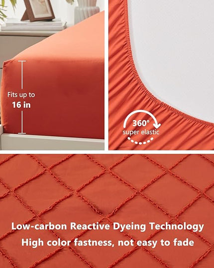 Boho Orange Comforter Set with Jacquard Tufted Design,Farmhouse Bedding Sets for All Seasons,Soft 7 Pieces Queen Bed in a Bag with Comforter,Flat Sheet,Fitted Sheet,Pillowcases & Shams - LeafyLoom