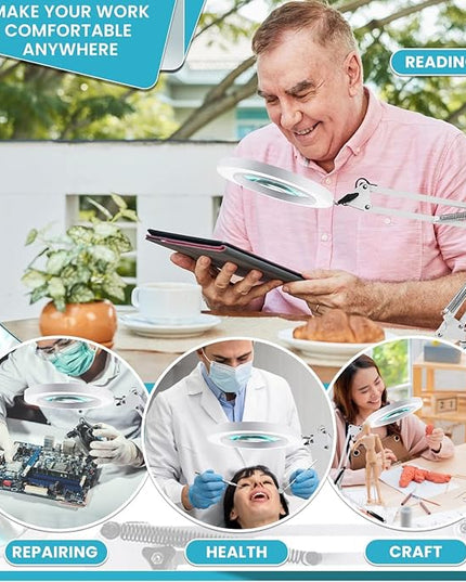 Magnifying Glass with Light and Stand - 2-in-1 Stepless Dimmable LED Magnifying Desk Lamp with Clamp - 3 Color Modes Lighted Magnifier Lens Swivel Arm Light for Reading, Craft, Close Works - LeafyLoom