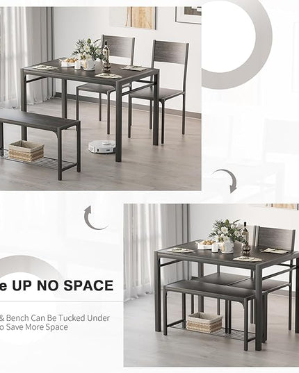 Kitchen Table and 2 Chairs for 4 with Bench, 4 Piece Dining Sets for Small Space, Grey - LeafyLoom