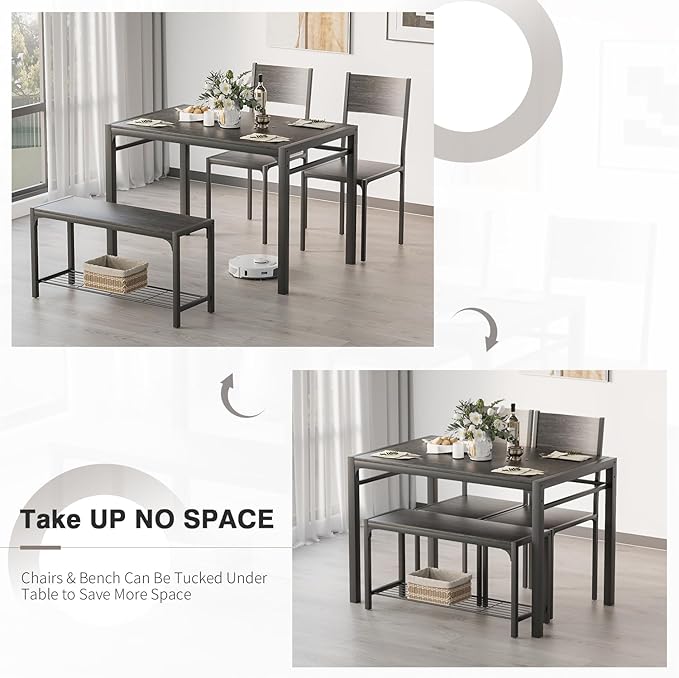 Kitchen Table and 2 Chairs for 4 with Bench, 4 Piece Dining Sets for Small Space, Grey - LeafyLoom