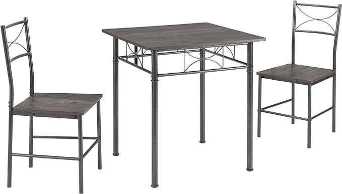 3-Piece Metal and Wood Indoor Modern Square Dining Table Furniture Set for Kitchen, Dining Room, Dinette, Breakfast Nook w/ 2Chairs - Gray - LeafyLoom