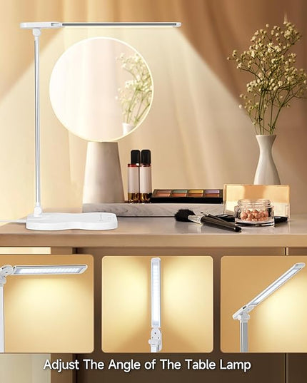 Led Desk Lamp with USB Charging Port, 5 Lighting Colors & 10 Brightness Reading Lamp, Foldable Dimmable LED Desk Light, 3000-6500K, Violin Shape Lamp Desk Lamps for Home Office-White - LeafyLoom