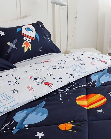 RYNGHIPY Kids Comforter Set Twin Size, Cute Space Rocket Bedding Set for Boys Girls, Space Themed Teen Boy Bedding (Space Rocket,Twin) - LeafyLoom