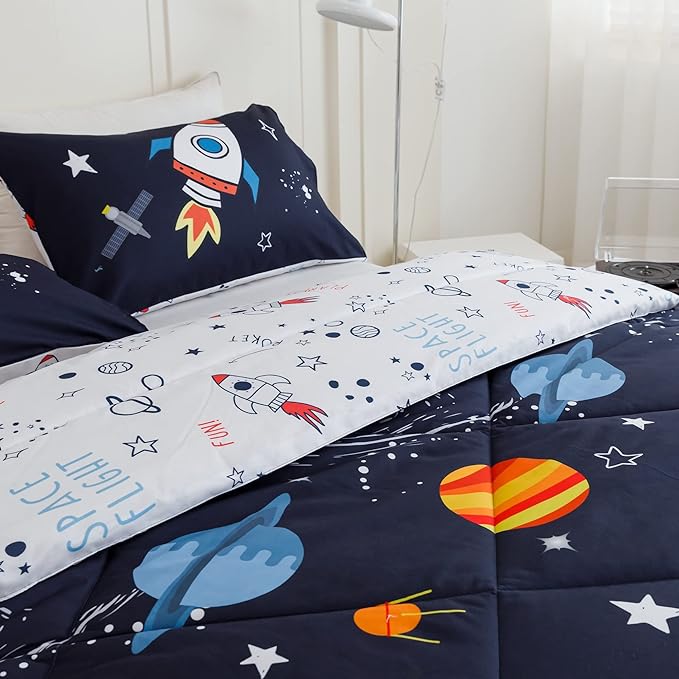 RYNGHIPY Kids Comforter Set Queen Size, Cute Space Rocket Bedding Set for Boys Girls, Space Themed Teen Boy Bedding (Space Rocket,Queen) - LeafyLoom
