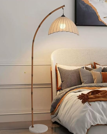 Retro Floor Lamp Unique Bamboo Color Floor lamp Bohemian Hanging Arc Floor Lamp with Antique Rattan Style Vertical Standing tall Lamp for Bed Room Farmhouse Study Living Room Indoor decoration - LeafyLoom
