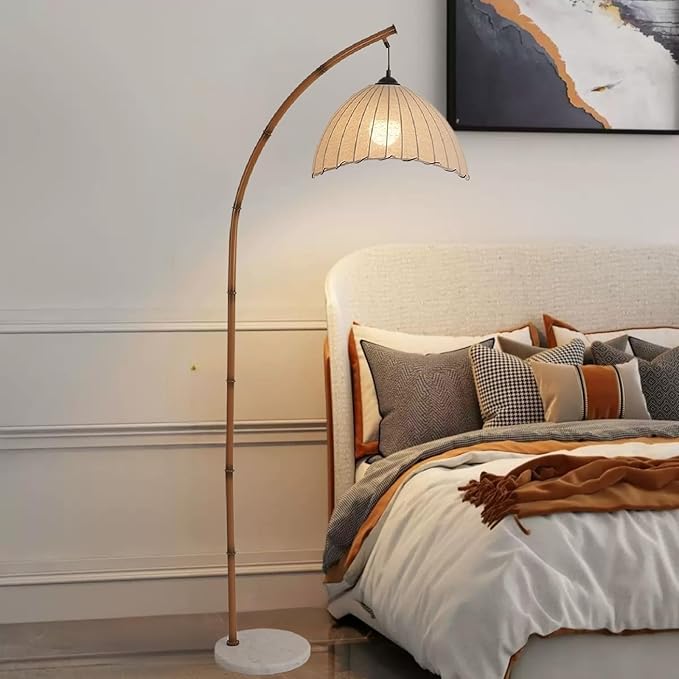Retro Floor Lamp Unique Bamboo Color Floor lamp Bohemian Hanging Arc Floor Lamp with Antique Rattan Style Vertical Standing tall Lamp for Bed Room Farmhouse Study Living Room Indoor decoration - LeafyLoom