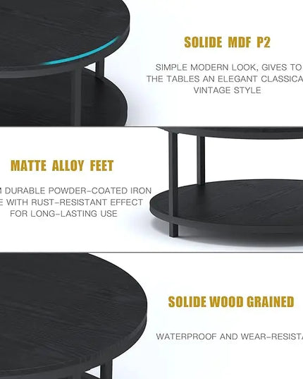 NSdirect 36 inches Round Coffee Table, Rustic Wooden Surface Top & Sturdy Metal Legs Industrial Sofa Table for Living Room Modern Design Home Furniture with Storage Open Shelf (Black) - LeafyLoom