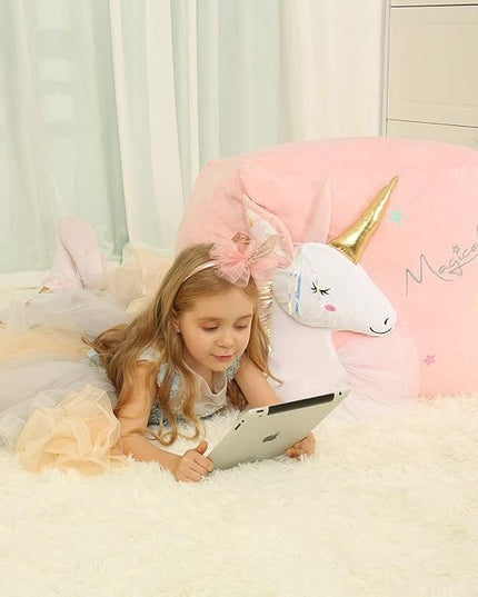 Pink Unicorn Bean Bag Chair for Girls Room Decorations, Toy Storage Beanbag Chairs, Velvet Fabric Super Soft, Extra Large Size Cover Only - LeafyLoom