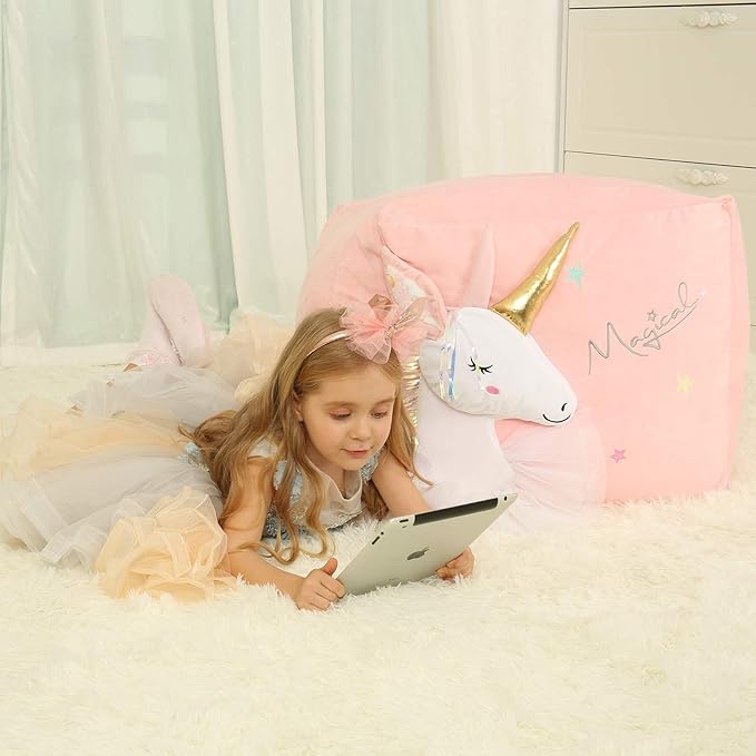 Pink Unicorn Bean Bag Chair for Girls Room Decorations, Toy Storage Beanbag Chairs, Velvet Fabric Super Soft, Extra Large Size Cover Only - LeafyLoom