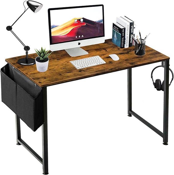 Lufeiya Small Computer Desk Study Table for Small Spaces Home Office 39 40 Inch Rustic Student Writing Desk with Storage Bag,Brown - LeafyLoom