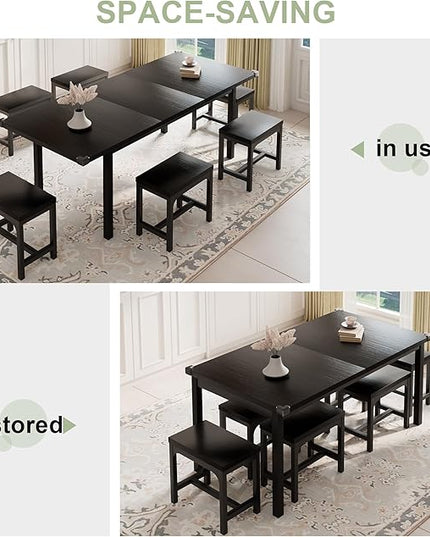 Feonase 7-Piece Dining Table Set with 6 Stools, 63" Large Extendable Kitchen Table Set for 4-8, Mid-Century Dining Room Table with Heavy-Duty Frame, Easy Assembly, Black - LeafyLoom