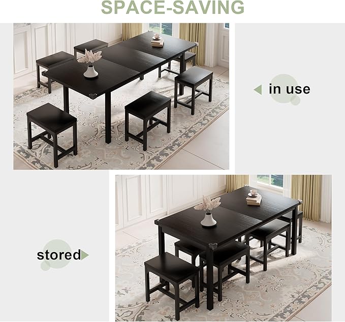 Feonase 7-Piece Dining Table Set with 6 Stools, 63" Large Extendable Kitchen Table Set for 4-8, Mid-Century Dining Room Table with Heavy-Duty Frame, Easy Assembly, Black - LeafyLoom