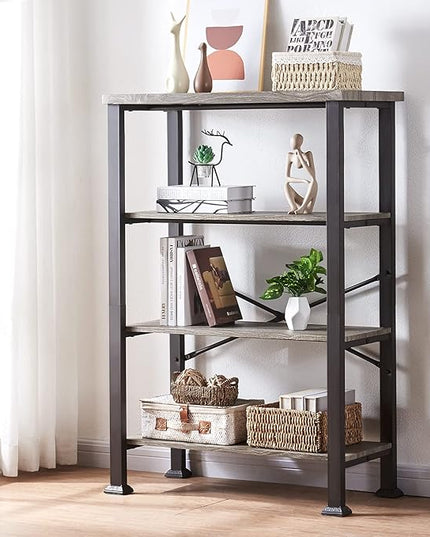 HOMBAZAAR Bookshelf, 4-Tier Vintage Industrial Book Shelf, Rustic Wood and Metal Bookcase and Bookshelves, Free Standing Storage Large Bookshelf for Living Room, Bedroom and Kitchen, Grey Oak - LeafyLoom