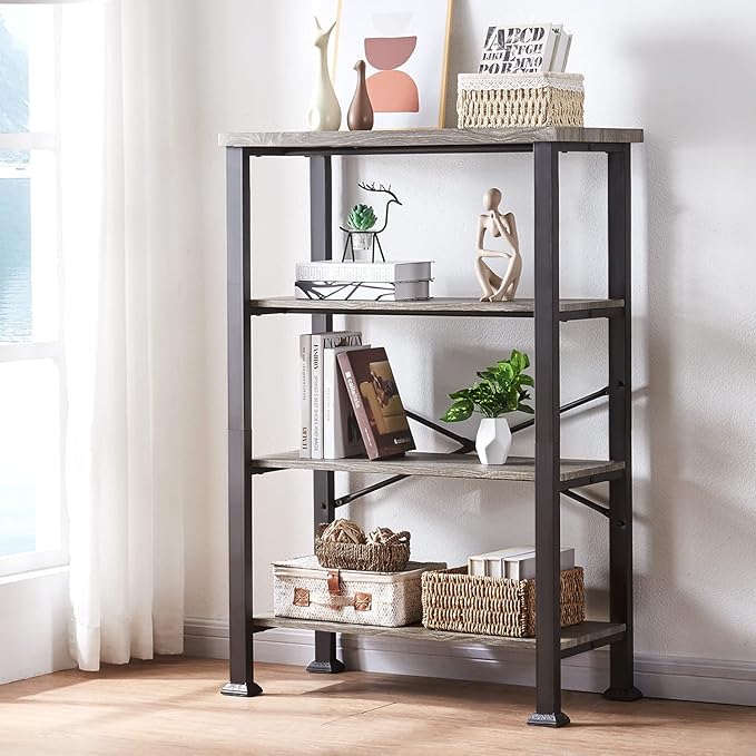 HOMBAZAAR Bookshelf, 4-Tier Vintage Industrial Book Shelf, Rustic Wood and Metal Bookcase and Bookshelves, Free Standing Storage Large Bookshelf for Living Room, Bedroom and Kitchen, Grey Oak - LeafyLoom