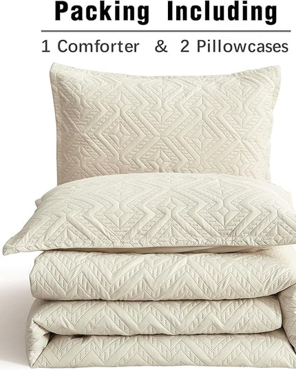 WONGS BEDDING Beige Comforter Set King Size(104"×90"), Reversible Boho Geometric Textured Bedding Comforter Sets - 3 Pieces Soft Microfiber Ultrasonic Bedding with 2 Pillow Cases - LeafyLoom
