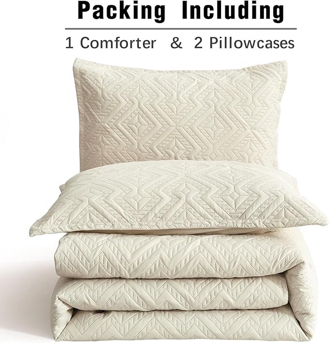 WONGS BEDDING Beige Comforter Set King Size(104"×90"), Reversible Boho Geometric Textured Bedding Comforter Sets - 3 Pieces Soft Microfiber Ultrasonic Bedding with 2 Pillow Cases - LeafyLoom
