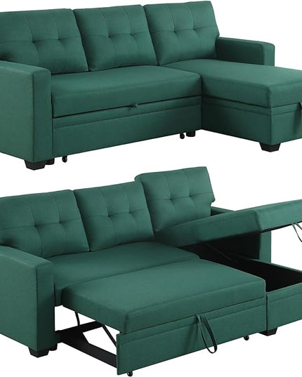 4-in-1 Modular Sofa Bed Pull Out Convertible Living Room Furniture Sets Upholstered, L Shaped Sectional Comfy Couch with Reversible Storage Chaise for Apartment, Studio, Office - Green - LeafyLoom