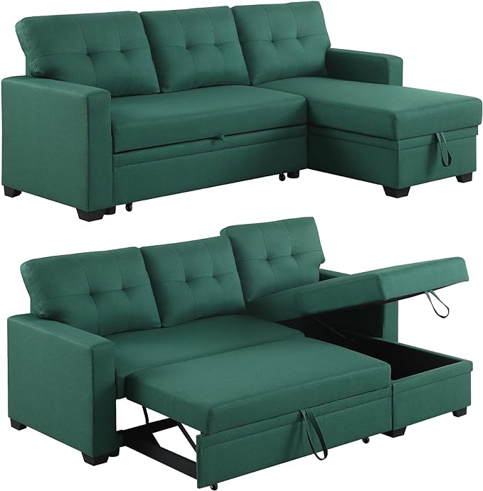 4-in-1 Modular Sofa Bed Pull Out Convertible Living Room Furniture Sets Upholstered, L Shaped Sectional Comfy Couch with Reversible Storage Chaise for Apartment, Studio, Office - Green - LeafyLoom