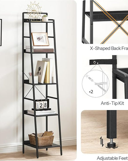 HOOBRO Bookcase, 5-Tier Narrow Bookshelf, Industrial Ladder Shelf, Skinny Bookshelf for Small Spaces, Corner Storage Shelf for Home Office, Living Room, Black BB35SJ01 - LeafyLoom