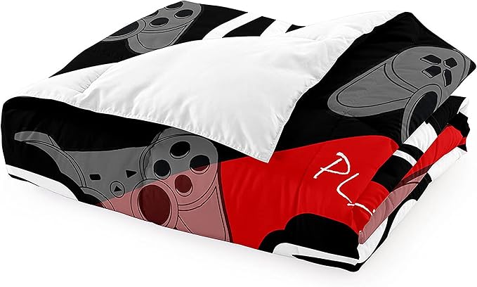 Gamer Comforter Sets for Boys Gaming Twin Bedding Sets for All Seasons Fluffy Game Beddroom Set for Kids Black and Red Gamepad Bedding 1 Comforter and 1 Pillowcase - LeafyLoom